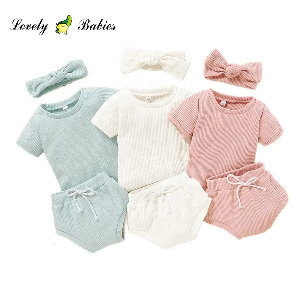 custom High quality organic cotton waffle fabric headband tee shorts 3pcs baby girl summer sets onesies baby clothes
