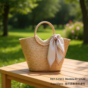 Bolso de mano redondo de paja con asa de ratán 45x27cm con pañuelo de seda adjunto - Product Image 3
