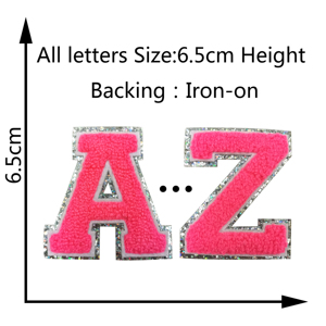 Nuevo borde plateado brillo Chenille Hot Pink Bling 6,5 cm bordado Iron-On Hot Pink Letter Patches - Product Image 3