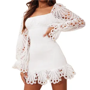 Trendy Ladies Custom Square Neck long Puff Sleeves Tiered Dress Casual hollow out Embroidery Lace Mini Dress For Girls 2024