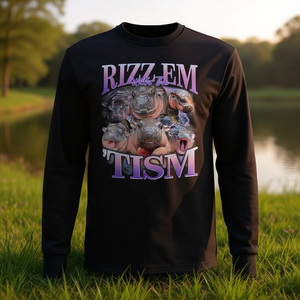 Camiseta de manga larga Rizz Em With The Tism con diseño de hipopótamo bebé Moo Deng - Product Image 3