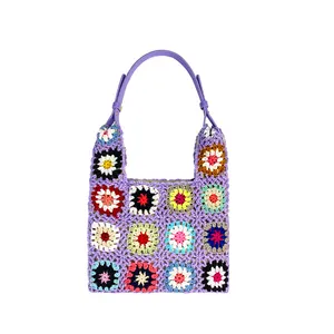 Colors Flower Boho Crochet Hand Hook Bag Knitted Handmade Bag Random Fashion 2023 Summer Spring Women Polyester Single Open
