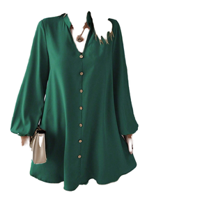 Vestido Midi Holgado de Manga Larga con Cuello en V Verde, con Botones al Frente, Estilo Casual, Tejido Sólido, Estilo Primavera - Product Image 1