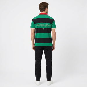 Striped Short Sleeve T-Shirt <b>Men</b> Regular Fit Contrast Trim Back Logo Street Style Woven Fabric - Product Image 6
