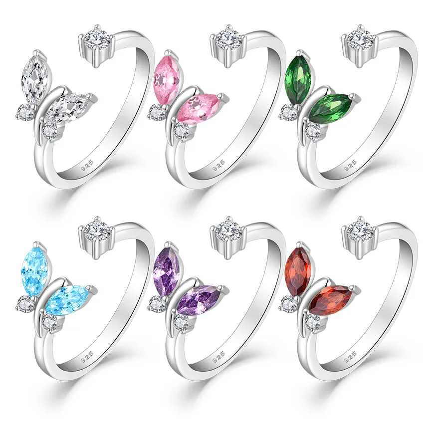 Anello da donna regolabile YL s925 anelli in argento Sterling personalizzati di lusso con farfalla colorata con zirconi cubici all'ingrosso