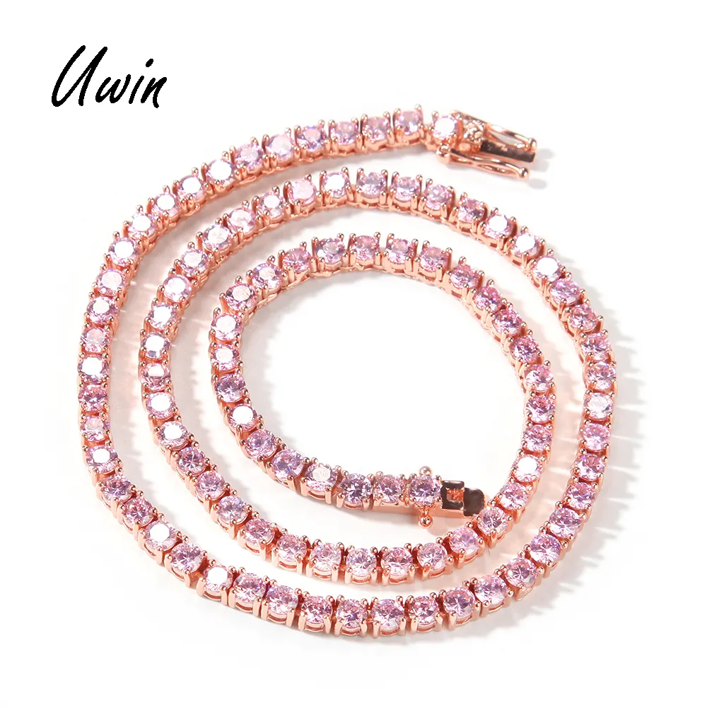 4mm Full Pink CZ Tennis Chain Necklace Cubic Zirconia Women Rapper Choker Necklace Baby Pink Jewelry