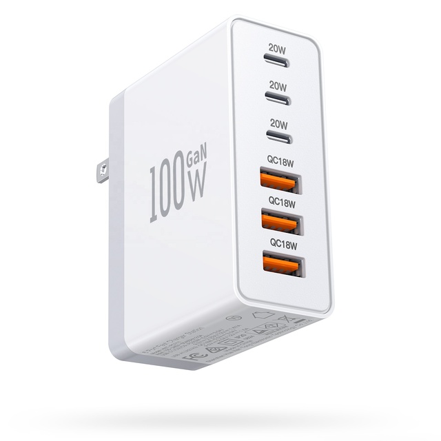 HNT Factory Price GaN 100W Multifunctional Charger 6 Port Portable PD20W QC18W Travel Fast Charging Type C Charger for iPhone