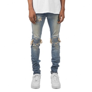 Jeans Azules Rotos de Cintura Media para Hombre con Logotipo Personalizado, Estilo Vintage, Ajustados, de Alta Calidad - Product Image 2