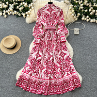 Robe longue décontractée élégante pour femme, imprimé porcelaine bleu et blanc, coupe trapèze, manches longues, col montant, avec ceinture, pour le quotidien et les vacances