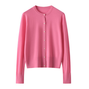 Suéter cárdigan de Color sólido de un solo pecho con cuello redondo de lana merina fina 100% para <span class=keywords><strong>mujer</strong></span> - Product Image 4