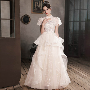 Champagne Cheongsam Evening Dress High Neck Empire Waist 3D Stereoscopic Patterns Chinoiserie Coming Of Age Ceremony Gown - Product Image 2