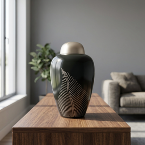 Black Metal Cremation Urn Round Memorial Keepsake <b>Casket</b> with Metallic Lid Decorative Tabletop <b>Ash</b> Urn - Indian Home Crafts - Product Image 1