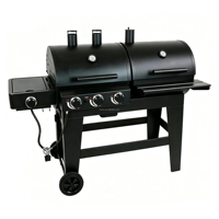 Barbecue d'extérieur robuste en acier, double combustible, 3 brûleurs, gaz propane et charbon de bois, avec fumoir, brûleur latéral et grande surface de cuisson, doté de deux couvercles.
