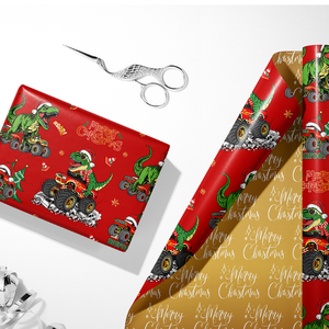 Papier d'emballage doré à double face, nouveau style de Noël, motif dinosaures montés sur camion, pour garçons et enfants - Product Image 1