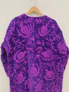 Robe Kaftan Longue Artisanale en Velours Violet à Imprimé Animalier, en Coton Suzani, Ceinturée, Style Bohème, pour Festival, Veste Élégante, Vêtement d'extérieur pour l'Hiver - Product Image 6