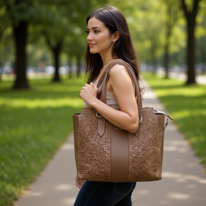 Bolso Tote de Cuero Vacuno Camila Avellana con Patrón Floral Grabado, Asa Única, Bolso Casual para Mujer - Product Image 2