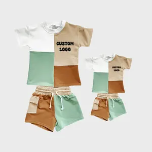 Family Tracksuit Streetwear Custom Puff Print T Shirt Oversized Tee 100%Cotton Cargo Pocket Shorts 2 PCS Patchwork Set Mama Mini
