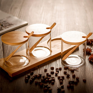 Ensemble de pots à épices 3 pièces en verre avec couvercle et cuillère en bambou pour assaisonnements solides, rangement de cuisine - Product Image 2