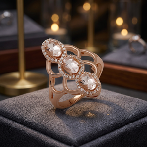 Anillo de Morganita Gourik de Lujo en Plata de Ley 925 con Baño de Oro Rosa, Diseño Clásico de Tres Piedras con Halo y Engaste de Garras Abiertas - Product Image 3