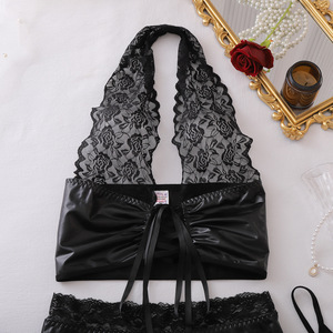 Nouvel ensemble de lingerie 3 pièces en cuir PU exotique de haute qualité pour lune de miel, avec dentelle noire sexy et maille, à porter autour du cou pour femme 2026 - Product Image 3