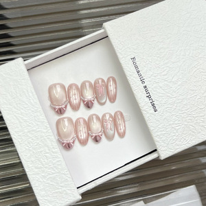 10 pièces d'ongles artificiels faits main, Nouveauté 2026, courts, haut de gamme, motifs papillon, nœud, French et œil de chat, auto-adhésifs - Product Image 3
