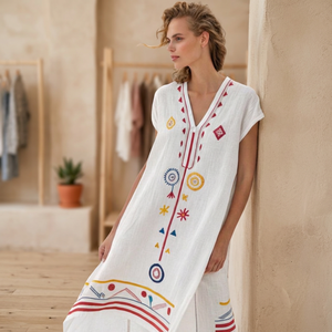 Robe longue bohème à col en V, broderie à la main, motif géométrique, coupe classique, manches courtes, respirante, tricotée, dentelle délicate, taille naturelle - Product Image 1
