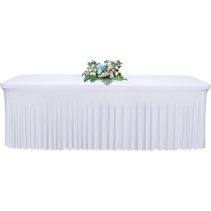 Nappes de table rectangulaires blanches extensibles sur mesure de 6 pieds pour événements, mariages en extérieur, fêtes, avec jupe de table à volants en spandex - Product Image 1