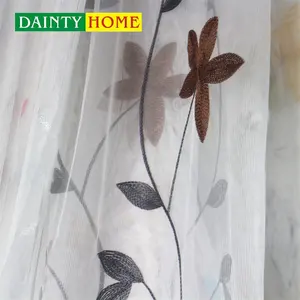 Polyester Coffee Flower With Gray Leaf Curtain Organza Curtains For Living Room Chinese Manufacturer Embroidery Sheer Fabric
