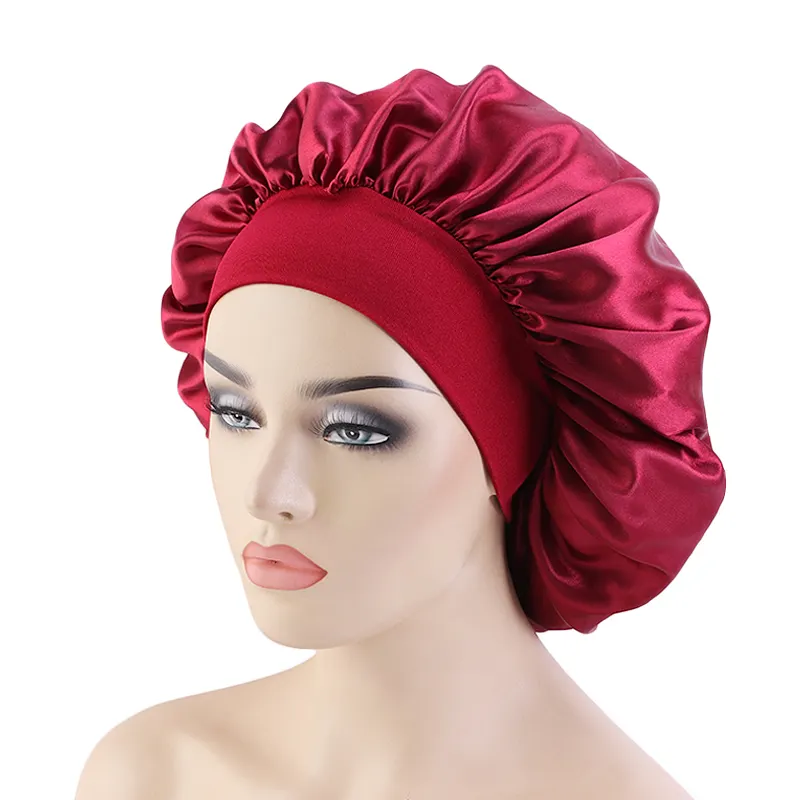 Wholesale High Quality Elastic Band Polyester Big Size Wide Band Adjustable Bonnet Hair Cover Bonnet Satin Sleep Cap Bonnet