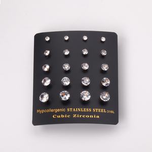 Nouvelles Boucles d'Oreilles Clous Rondes en Zircon Blanc Tendance en Acier Inoxydable pour 10 Paires/Carte, Tailles Mixtes, Carte de Boucles d'Oreilles - Product Image 4