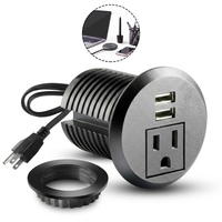 Multiprise de bureau encastrable noire à œillets ronds avec 2 ports USB et prise rétractable dissimulée pour la maison et le bureau