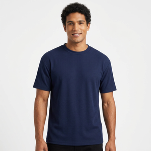 Camiseta de Manga Corta para Hombre, Cuello Redondo, Color Azul Marino, Corte Regular, Algodón Tejido, Diseño Casual, Color Sólido, Transpirable - Product Image 1