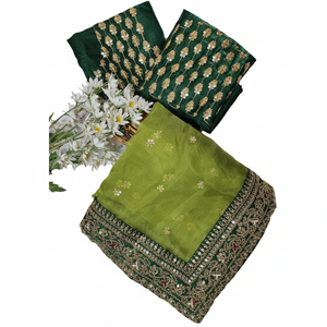 Sari de diseñador con lentejuelas de hilo de seda de organza y blusa sin coser en verde - Product Image 1