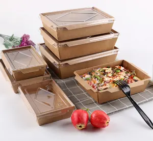 Disposable Take Out Brown Kraft Paper Packaging Box Noodle Fruit Lunch Box With Transparent Plastic Lid
