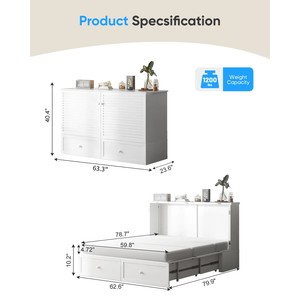 <span class=keywords><strong>Lit</strong></span> escamotable Queen Size en bois avec station <span class=keywords><strong>de</strong></span> charge USB intégrée, <span class=keywords><strong>lit</strong></span> mural moderne pour invités, commode <span class=keywords><strong>de</strong></span> rangement avec tiroirs pour appartement et chambre à coucher - Product Image 6