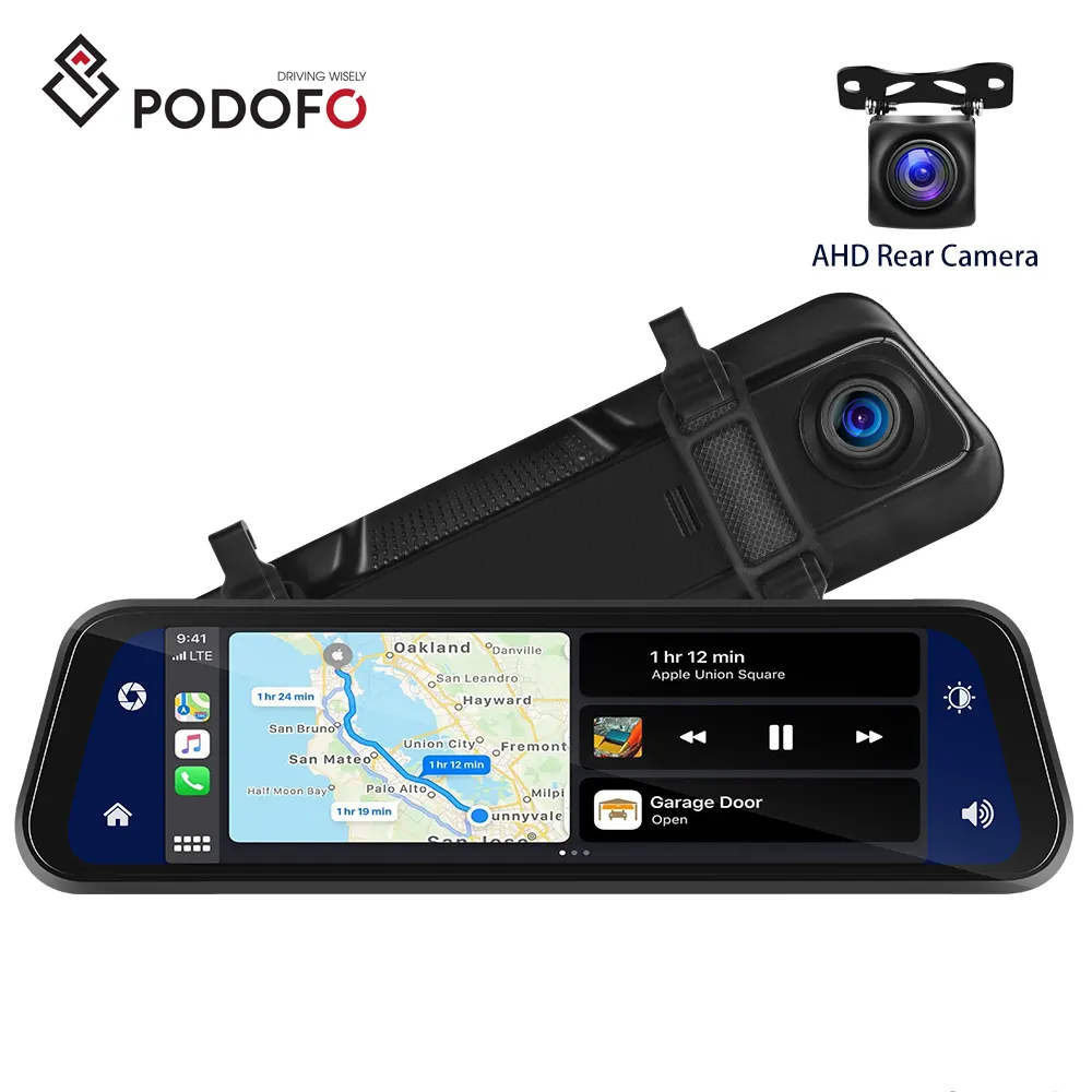 Podofo 9.66'' Dual Lens Dash Cam Front and Rear HD IPS Touch Screen Car Mirror DVR Wireless Carplay & Android Auto BT AI Voice