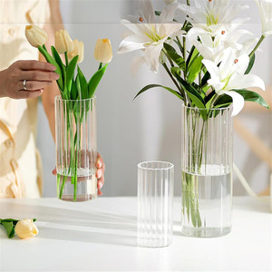 Hot Sale Ribbed Glass <strong>Candle</strong> Holder Proof <strong>Hurricane</strong> Stripped Clear Cylinder Tube Candlesticks Table Centerpieces Flower Vase - Product Image 5