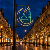 Goldener Halbmond-Moschee-Kuppel-Minarett Doppelstern-Design LED-Lichterkette Ramadan-Pfahl-Motivbeleuchtung für Park- und Platzdekoration