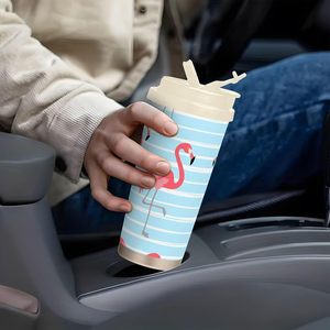 Flamant rose <span class=keywords><strong>sur</strong></span> rayures bleues isolé en acier inoxydable gobelet coffre tasse à café avec couvercle tirer Stock poignée sangle forme cylindrique - Product Image 1