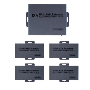 ตัวแยกสัญญาณ <span class=keywords><strong>HDMI</strong></span> KVM แบบขยายระยะ 200 ม. 1x4 ช่องสัญญาณส่ง 1 ช่องสัญญาณรับ 2/3/4 ช่องสัญญาณ ผ่านสายเคเบิลอีเธอร์เน็ต CAT5E/6 สูงสุด 656 ฟุต พร้อมรีโมทอินฟราเรด ควบคุมเสียง และรีเซ็ต <span class=keywords><strong>HDMI</strong></span> Loop - Product Image 1