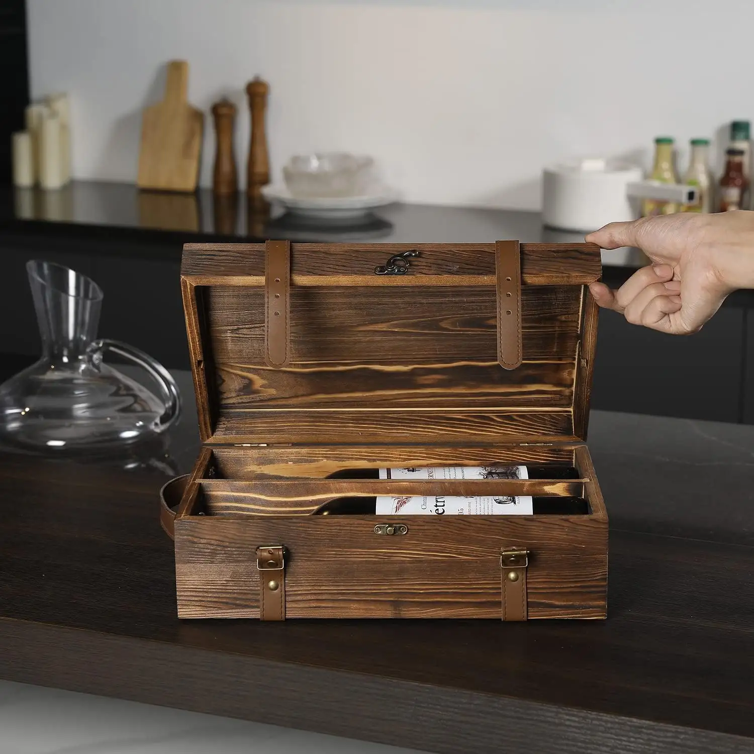 Boîte à vin décorée à double bouteille, boîte à vin en bois antique avec couvercle à serrure, valise de rangement pour bouteilles de vin avec dessus artificiel