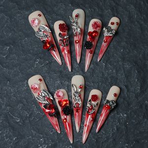 Uñas acrílicas artísticas hechas a mano de alta gama al por mayor, uñas postizas de cobertura completa en forma de lágrima, diseño de diamantes de imitación en degradado, personalizables - Product Image 1