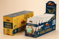 Boîte pliante en carton personnalisée pour comptoir, surface mate, pour snacks, chocolats et autres produits.