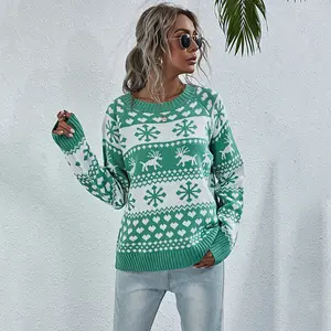 Ready To Ship Christmas Sweater Knitwear Ladies Winter Snowflake Christmas Red Green White Jacquard Knit Women Sweater