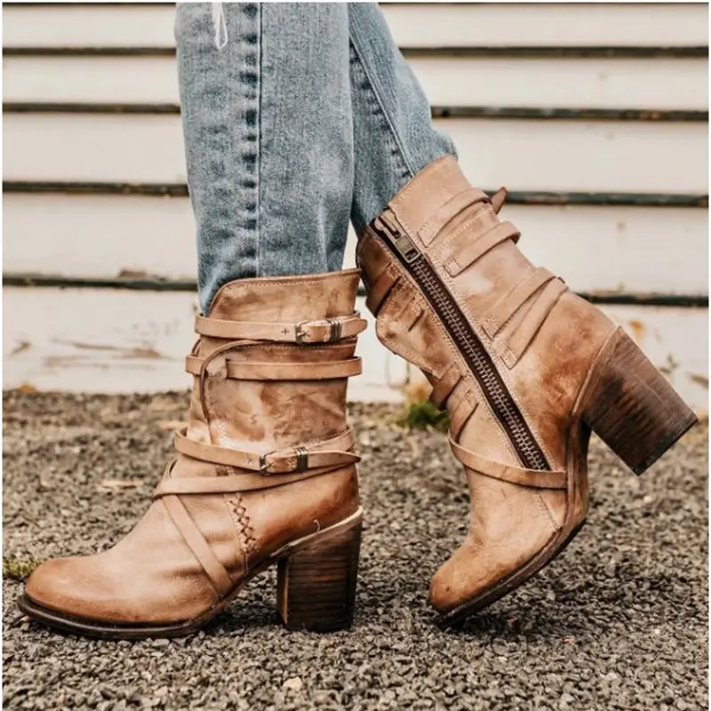 vintage leather high heel winter boots shoes for women ladies girl
