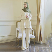 Setelan Modis Wanita 2 Pcs, Atasan Peplum & Celana Kulot Bahan Crepe Bertekstur, Tidak Tembus Pandang, Cocok untuk Muslimah
