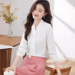 Women's White Long Sleeve Professional Shirt With Ribbon Solid Color Polyester No-Wrinkle Comfortable Workwear - Product Image 1
