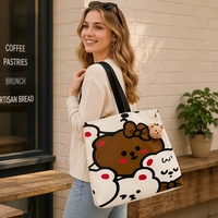 Sac fourre-tout en toile de coton de grande capacité, portable avec fermeture à glissière ouverte, motif personnalisable, couleur unie, logo mignon inclus