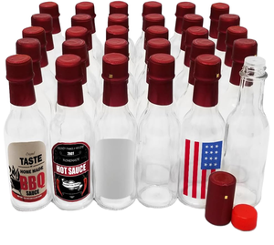 Bouteilles en verre de 100 ml pour sauce piquante et ketchup avec bouchons compte-gouttes à vis, capuchons rouges et bandes thermorétractables - Product Image 1