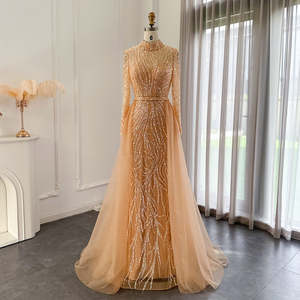 chinese dress ladies Long Sleeves Ball Gown Beading Wedding Dress with Flowers WD377 US0 / Champagne